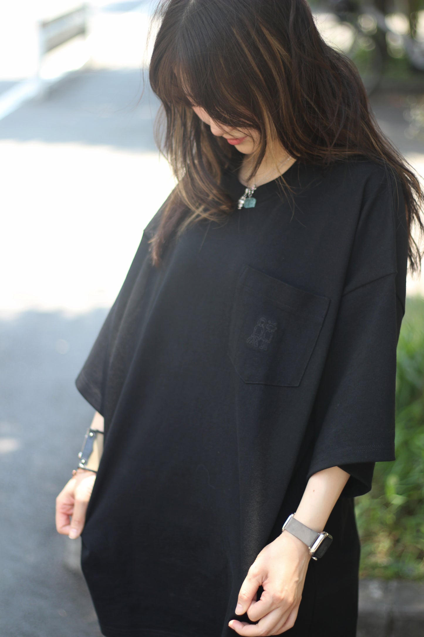 Oversized Embroidered Tee - Black